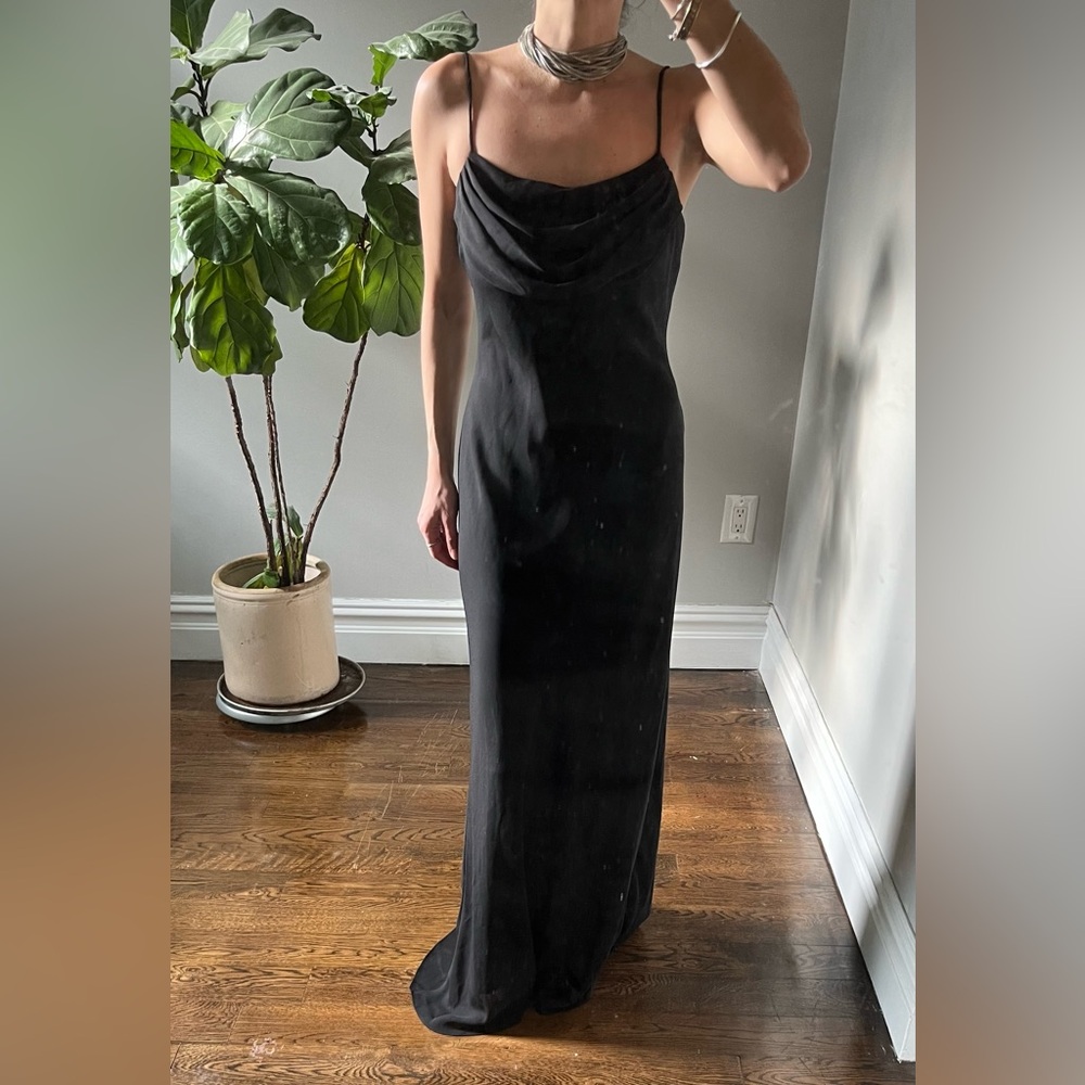 Vintage Onyx Nite  Spaghetti strap, Column Black gown. Chiffon USA Sz 6 90s Y2K
